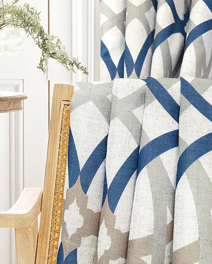DriftAway Alexander Blackout Curtains for Living Room Linen Blend Pattern Match Thermal Insulated Room Darkening Geo Moroccan Mid Century Back Tab Bedroom Drapes 2 Panels 52 x 63 Inch Linen Navy