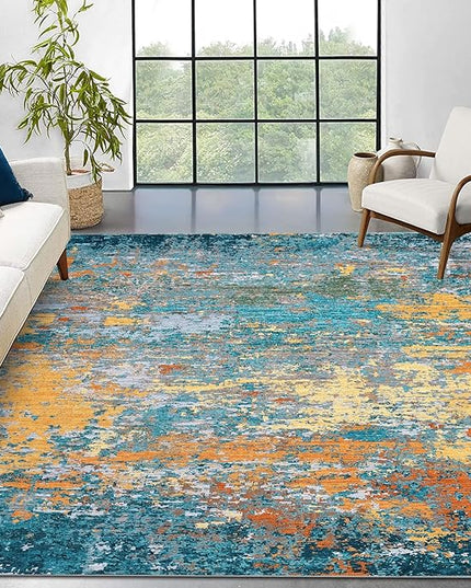 Area Rug 4x6 Stain Resistant Carpet Modern Abstract Rugs Ultra Soft Indoor Floor Cover Accent Rug Low Pile Thin Rug for Living Room Bedroom Dining Room, Multi Color