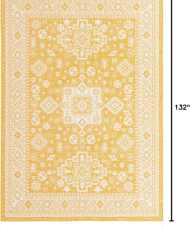 Rugs.com Outdoor Aztec Collection Rug – 8' x 11' Yellow Flatweave Rug Perfect for Living Rooms, Large Dining Rooms, Open Floorplans
