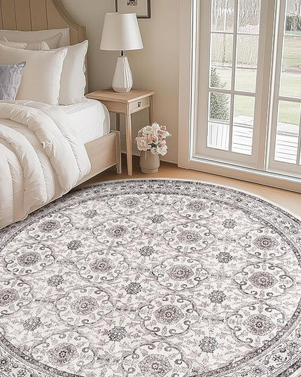 jinchan Round Rug 8ft Washable Circle Soft Rug - Low Pile Vintage 8'Round Indoor Beige Floral Print Stain Resistant Boho Carpet Ultra-Thin Non-Slip for Living Room Bedroom Dining Room Kitchen