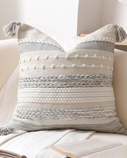 BlissBlush Gray Boho Decorative Throw Pillow Cover 20x20 Square Farmhouse Accent Cushion for Couch Sofa Livingroom Bedroom Pillowcase Modern Home Décor (Pack of 1)