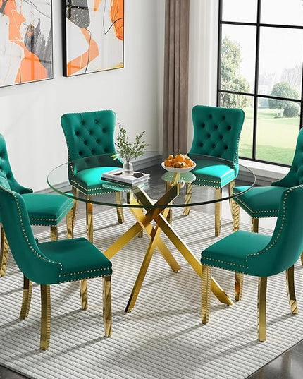 Round Glass Dining Table Set for 6, 47'' Clear Circular Kitchen Table and Chairs Set, 7PCS Modern Circle Dining Room Table Set with 6 Velvet Dining Chair for Home