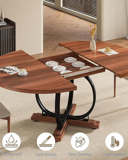 59" Round Extendable Dining Table for 4-6, Modern Oval Kitchen Table with Heavy Duty Curved Legs & Wood X-Based, MDF Board with Spring Buckle, Space Saving, Dining Kitchen Living Room, Walnut