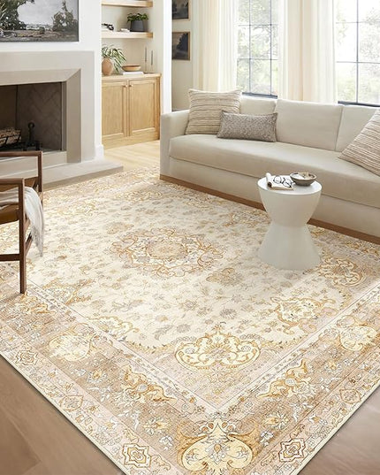 5'x7' Area Rugs Washable,Boho Rug for Living Room Bedroom,Large Vintage Bohemian Distressed Oriental Carpet Non Slip,Beige Gold Floral