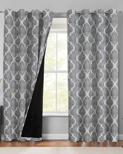 Beauoop 100% Blackout Curtains 96 Inches Long 2 Panels for Bedroom Living Room Grey Moroccan Geo Room Darkening Thermal Insulated Soundproof Grommet Top Window Treatments Drapes, 50x96 Set of 2