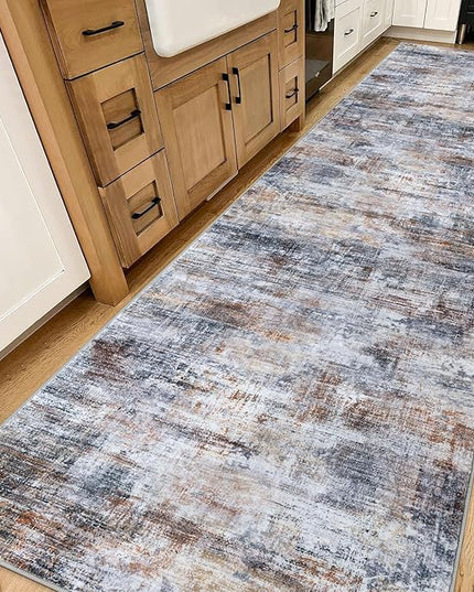 IOHOUZE Abstract Runner Rug 3x14 Ft Washable Runners for Hallways, Non Slip Kitchen Runner Printed Faux Wool Entryway Runner Indoor, Modern Abstract Floor Carpet for Hall Stair, Orange Grey
