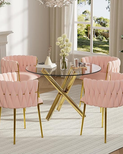 5 Piece Modern Golden Round Dining Set, 36'' Luxury Circular Kitchen Table Set, Clear Circle Glass Top Dinner Room Set for 4, Pink Woven Chairs, for Bedroom Small Apartment Living Room
