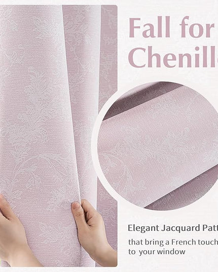 FMFUNCTEX Pink Floral Jacquard Blackout Curtains 96 Inches Long for Girls Bedroom, Scroll Flower Chenille Farmhouse Curtains for Nursery Room Darkening Thermal Insulated Grommet Window Drapes 2 Panels