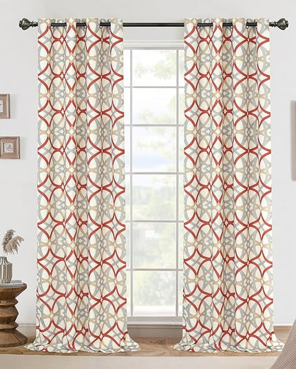 DriftAway Alexander 100% Blackout Curtains for Living Room Linen Blend Pattern Match Thermal Insulated Room Darkening Geo Moroccan Mid Century Grommet Bedroom Drapes 2 Panels 52 x 108 Inch Linen Red