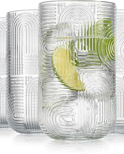 Glaver's Drinking Glasses, Highball Glasses, 17 Ounce Thick Embossed Designed, Set of 4 Clear Kitchen Glassware For Everyday Elegant Serving Coolers, Urban Pattern Modern Drinking Glasses
