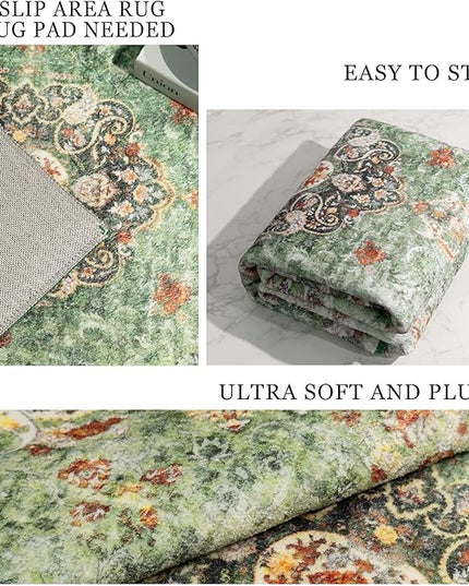 Round Rug 9ft,Large Green Circle Area Rugs for Bedroom Living Room,Washable Boho Vintage Bohemian Distressed Oriental Floral Carpet Non Slip
