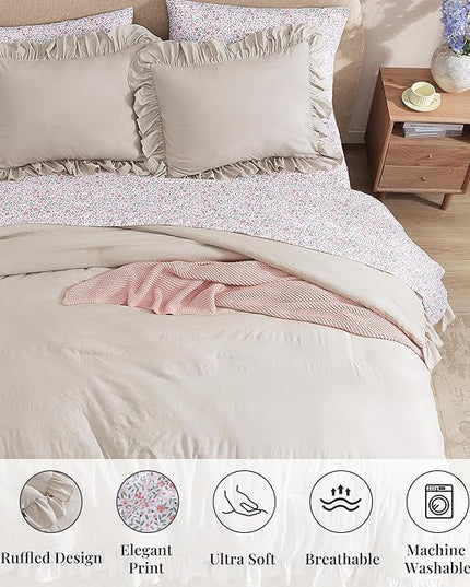 Full Comforter Set - 7 Pieces Ruffle Beige Bedding Sets, Shabby Chic Farmhouse Bed in a Bag Full with Ruffle Comforter, Floral Sheets, Pillowcases & Shams