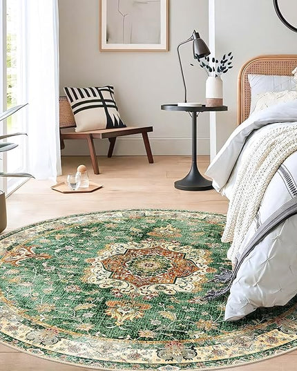 Green Round Rug 5ft, Circle Boho Area Rugs for Bedroom Living Room Bedside,Washable Vintage Bohemian Distressed Oriental Floral Carpet Non Slip,Retro Sage Floral