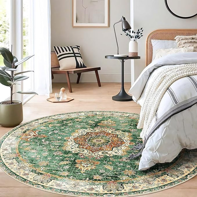 Green Round Rug 5ft, Circle Boho Area Rugs for Bedroom Living Room Bedside,Washable Vintage Bohemian Distressed Oriental Floral Carpet Non Slip,Retro Sage Floral