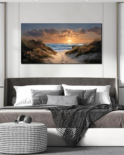 Sunset Canvas Wall Art Brown Wall Decor Seascape Art Print Landscape Wall Decorations Large Blue Picture 24" x 48" Coastal Artwork for Living Room Bedroom Office