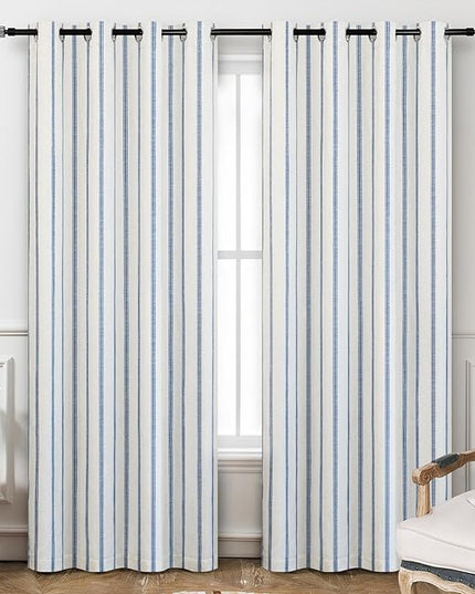 DriftAway Farmhouse Linen Blend Blackout Curtains 96 Inches Long for Bedroom Vertical Striped Printed Linen Curtains Thermal Insulated Lined Treatments for Living Room 2 Panels W52 x L96 Navy