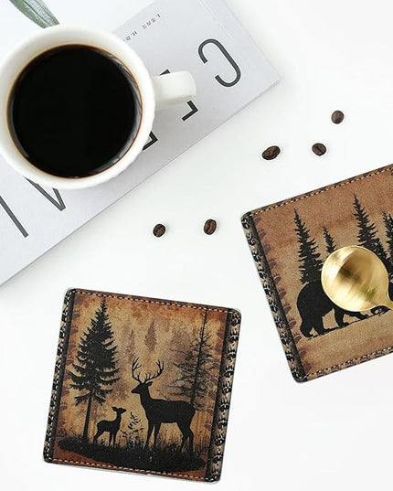 Marble Coasters Square Leather Drinks Coaster Set with Holder for Coffee Table Bar Home Decor 4 Inches Set of 6 (Forest Animals, One Size)