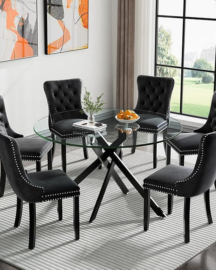 HomVent 7 Piece Round Glass Dining Table Set, Tempered Glass Dinner Table Set for 6 Kitchen Table Set with 6 Velvet Upholstered Chairs for Kitchen Dining Room