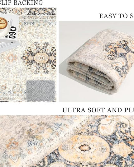 Small Rugs 2x3,Vintage Rug for Entryway Bathroom Bedroom Kitchen Entrance Doormat,Boho Bohemian Distressed Washable Accent Floor Throw Carpet Non Slip,Retro Blue Grey Floral