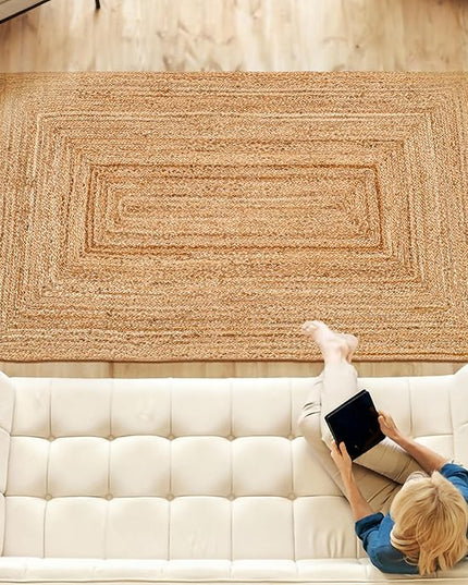 Hand Woven Jute Area Rug - 3' x 5' Feet - Rustic Beige Reversible Rectangular Rugs for Bedroom, Kitchen, Living Room - Vintage Natural Braided Entry Floor Décor Boho 3x5 Jute Rug