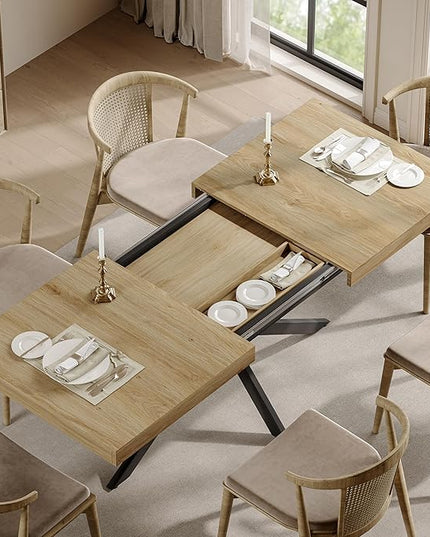 Extendable Dining Room Table for 4 6 8, 55"-70.9" Kitchen Table Rectangle Wood, Expandable Dining Table with Hidden Storage, Space Saving Farmhouse Kitchen Table for Kitchen Dining Living Room
