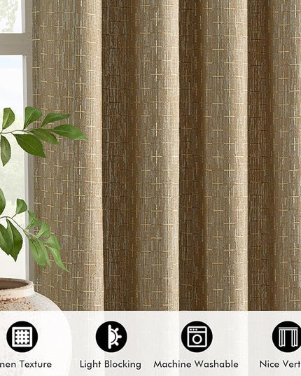 MIULEE Decorative Back Tab Linen Curtains with Geometric Pattern for Living Room Bedroom Farmhouse Rustic Thick Woven Textured Patterned Mudcloth Drapes 84 Inches Long 2 Panels Set, Khaki