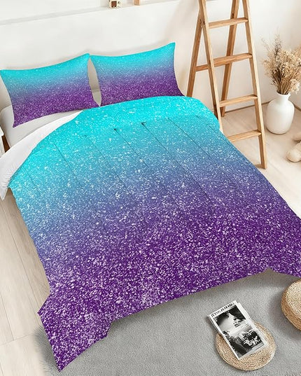 Girls Gradient Glitter Comforter Set Twin Size 3D Bedding Set for Boys Kids Adults, Colorful Quilt Set Gradient Glitter Themed Bedding Blue Purple 3D Sparkly Galaxy Bedroom Decor Bedding Set