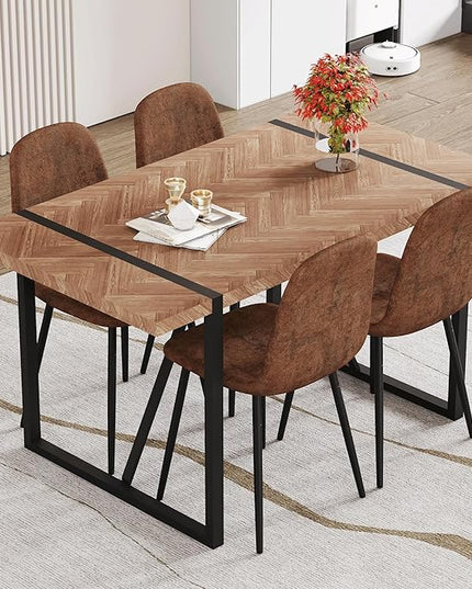 FURNITO 5 Piece Dining Table Set for 4, 55" Wooden Kitchen Table with Upholstered Chairs, Mid Century Modern Rectangular Dining Room Set, Rustic Table and Chairs Set for Kitchen or Living Room