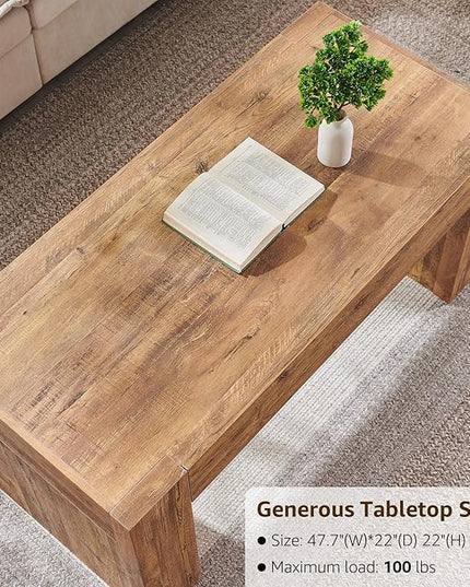 OKD 48" Modern Farmhouse Coffee Table, Wooden Living Room Table with Hidden Storage Drawer, Rustic Rectangular Center Tables w/Wood Thick Design for Living Room, Office, Gold Rustic Brown