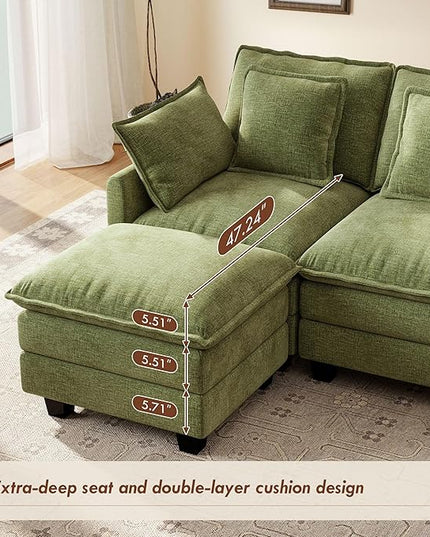 Ihanherry 57" L Shaped Modular Sectional Cloud Sofa, Modern 3 Seat Chenille Couch with Ottoman for Living Room, Bedroom and Apartment, Green