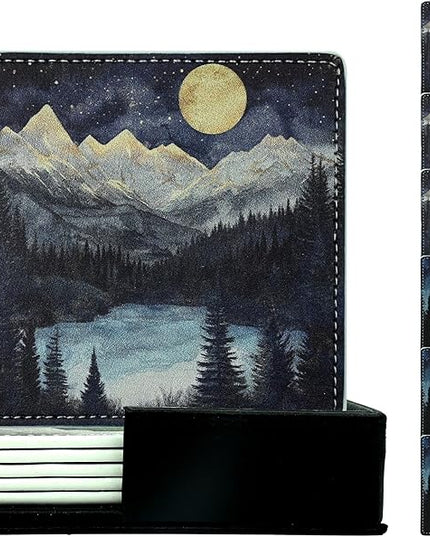 Marble Coasters Square Leather Drinks Coaster Set with Holder for Coffee Table Bar Home Decor 4 Inches Set of 6 (Forest Night, One Size)
