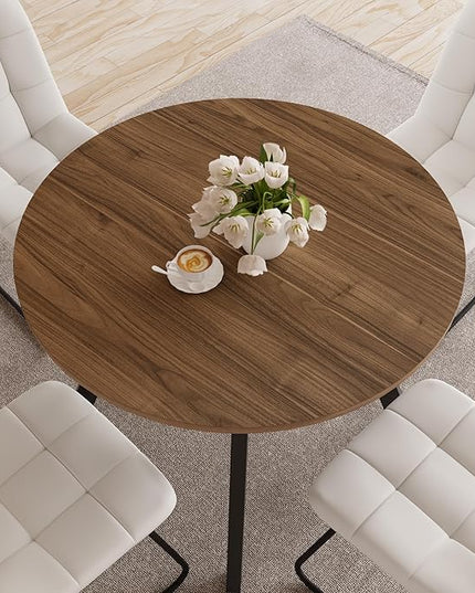 34.6'' Dining Table and Chairs for 2, Mid Century Modern Round Table Set, Space Saving for Apartment Kitchen Dining Room (Walnut Table+2 U-Shaped White Chairs)