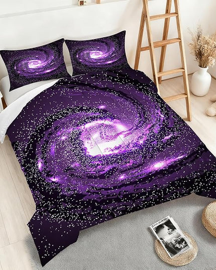 3D Galaxy Girls Comforter Set Full Size Boys Purple Universe Bedding Set Outer Space Starry Sky Bed Set for Boys Kids Microfiber Glitter Comforter Set Bed in A Bag Soft Outer Space Quilt Set