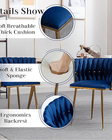 Modern Luxury Round Glass Dining Set for 4, 5 Piece Clear Minimalist Circle Glass Top Dinner Room Set, 39'' Small Circular Kitchen Table and Navy Blue Woven Set of 4, for Apartment (Golden)