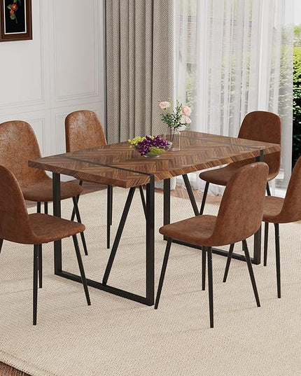 Dinner Table Set for 6, Modern 55'' Wood Dining Table with Fabric Dining Chairs Set of 6,Dining Room Sets for 6,Ideal for Kitchen Dining Room
