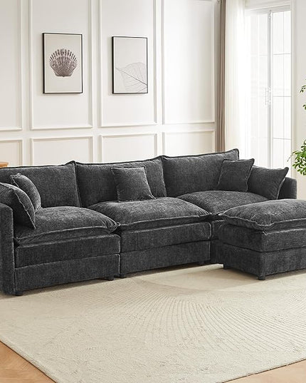 Modular Sectional Sofa 112.2 Inch L Shaped Couch Set with Armrests, 3-Seater Comfortable Cloud Couches with Movable Ottoman for Living Room Apartment, Grey