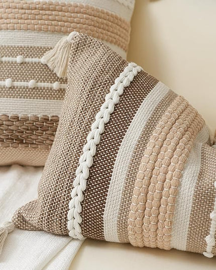 BlissBlush Brown Decorative Throw Pillow Cover 18x18 Square Boho Accent Pillowcase Tassels Farmhouse Cushion for Couch Sofa Bedroom Livingroom Home Décor Cover ONLY (Pack of 1)