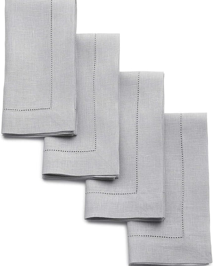 Solino Home Linen Napkins Set of 4 - Classic Hemstitch 100% Pure Linen Soft Grey Dinner Napkins Cloth 20 x 20 Inch for Christmas, Winter, New Year - Handcrafted and Machine Washable