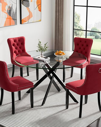 HomVent 5 Piece Round Glass Dining Table Set, Tempered Glass Dinner Table Set for 4 Kitchen Table Set with 4 Velvet Upholstered Chairs for Kitchen Dining Room