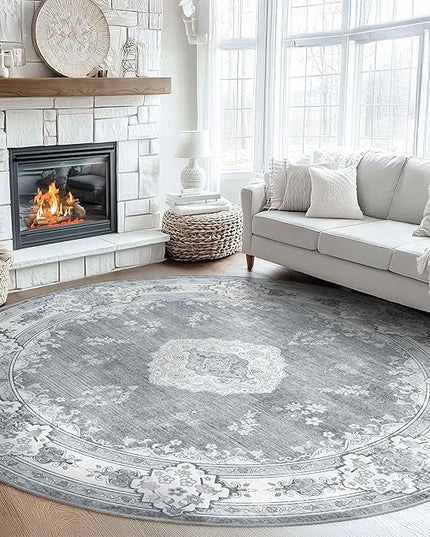 MUJOO Grey Round Rug 9ft,Large Circle Washable Area Rugs for Bedroom Living Room Bathroom,Boho Non Slip Circular Carpet,Floral
