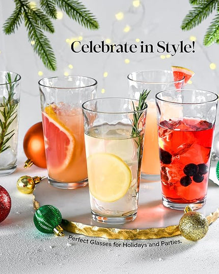 Home Essentials & Beyond Drinking Glasses Set of 4 Highball Glass Cups Bar Glasses, Uses for Juice, Water, Cocktails, Beverages, and Iced Tea. Dishwasher Safe