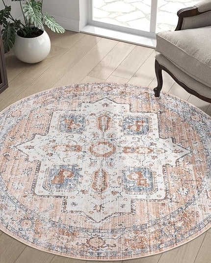 jinchan Round Rug 6ft Area Rug - Machine Washable 6'Circle Vintage Floral Non-Slip with Rubber Backing Ultra-Thin Low-Pile Carpet for Bedroom Living Room Dining Room Entryway (6'Round, Orange)