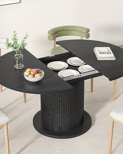 43.3 inch 59 inch Adjustable Size Round Dining Table for 4 6, Unique Design Modern Farmhouse Kitchen Table, Circle Dining Tables with Wood Strip Base for Kitchen Living Room (Black)