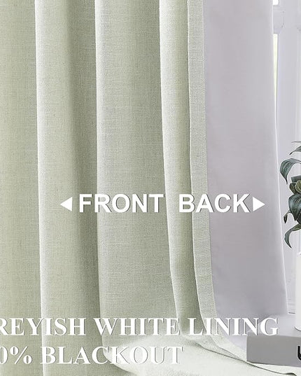 Vision Home Soft Green Pinch Pleated Full Blackout Curtains Linen Blended Room Darkening Curtain Panels 120 inch for Living Room Bedroom Thermal Insulated Pinch Pleat Drapes with Hooks 40" Wx120 Lx2