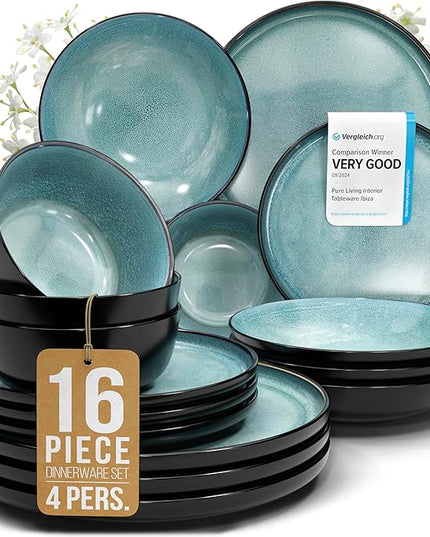 16 Piece Dinnerware Sets for 4 - Modern Style Stoneware Dinnerware Set - Scratch Resistant, Dishwasher Safe Plates and Bowls Sets Ceramic, Dish Set, Bowl and Plate Set - Black and Petrol Blue…