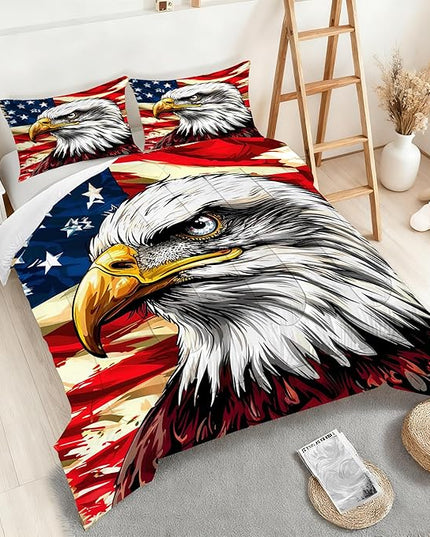 Eagle American Flag Comforter Set Full Size USA Eagle Bedding Set for Boys Kids Teens US Stars Stripes Bedding Soft Lightweight Quilt Set with 1 Comforter +2 Pillowcases