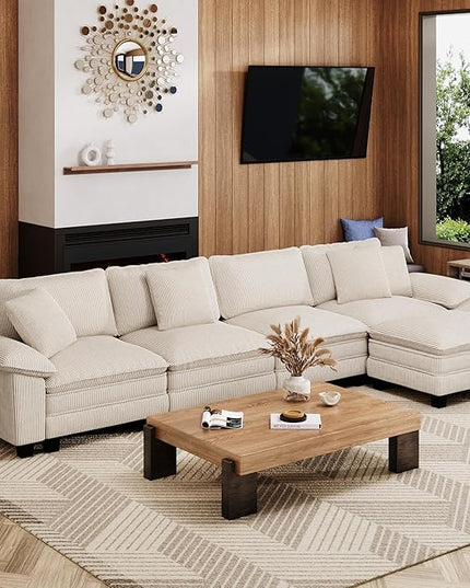 157-Inch L Shaped Sectional Sofa with Cloud Cushions, Deep Seat Modular Couch Set w/ 5 Seats & 1 Ottomans, Removable Arms, Plush Corduroy Upholstery for Living Room, Apartment - Beige