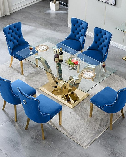 7-Piece Glass Dining Table Set w/6 Blue Upholstered Dining Chairs, 70in Rectangular Large Kitchen Table Set for 6, Glass and Gold Dining Table and Chair Set for 6
