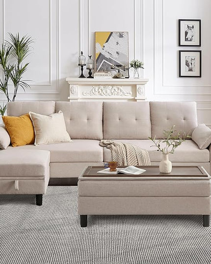 Convertible Sectional Sofa, Modern L Shaped Couch,Linen Fabric 4-Seat Sofa Set with Storage Ottoman and Coffee Table for Living Room,Beige