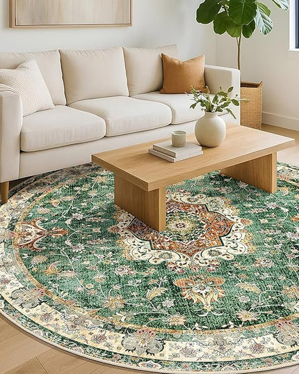 Green Round Rug 6ft,Large Circle Area Rugs for Living Room Bedroom Dining Room,Washable Boho Vintage Bohemian Distressed Oriental Floral Carpet Non Slip,Retro Sage Floral